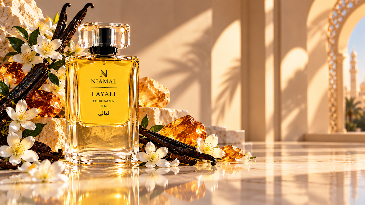 A clear rectangular perfume bottle with a black cap and a warm golden-yellow liquid, labeled 'NIAMAL LAYALI EAU DE PARFUM', styled on a reflective surface with white flowers, vanilla beans, amber crystals, and warm architectural shadows in the background.