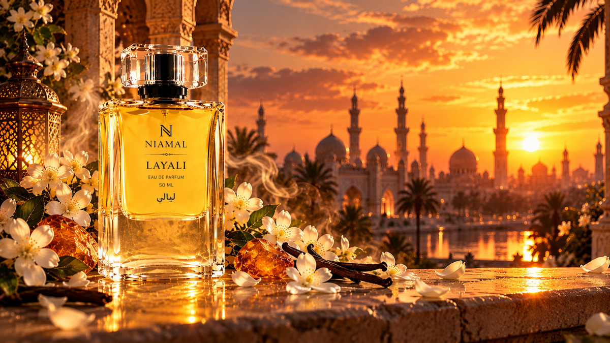 A clear rectangular perfume bottle filled with golden-yellow liquid stands on a stone ledge in front of a sunset cityscape with minarets and palm trees. White flowers and vanilla beans are arranged around the bottle, and the label reads 'NIAMAL LAYALI'.