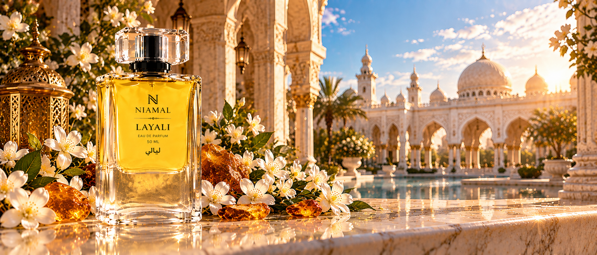 A clear glass perfume bottle labeled 'Niamal Layali' with golden-yellow liquid, placed on a marble surface in front of an ornate white palace with domes, surrounded by white flowers and greenery.