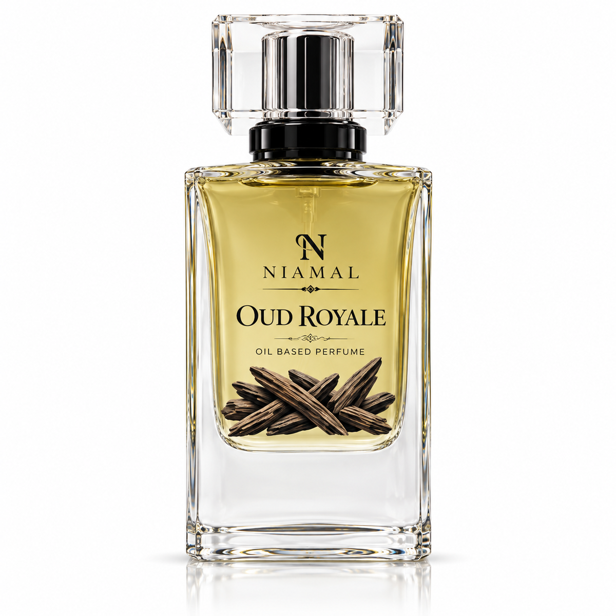 A clear glass rectangular perfume bottle filled with golden-yellow fragrance oil, featuring a black spray collar and a clear faceted cap. The front label reads 'NIAMAL OUD ROYALE OIL BASED PERFUME' with an illustration of dark brown cloves.