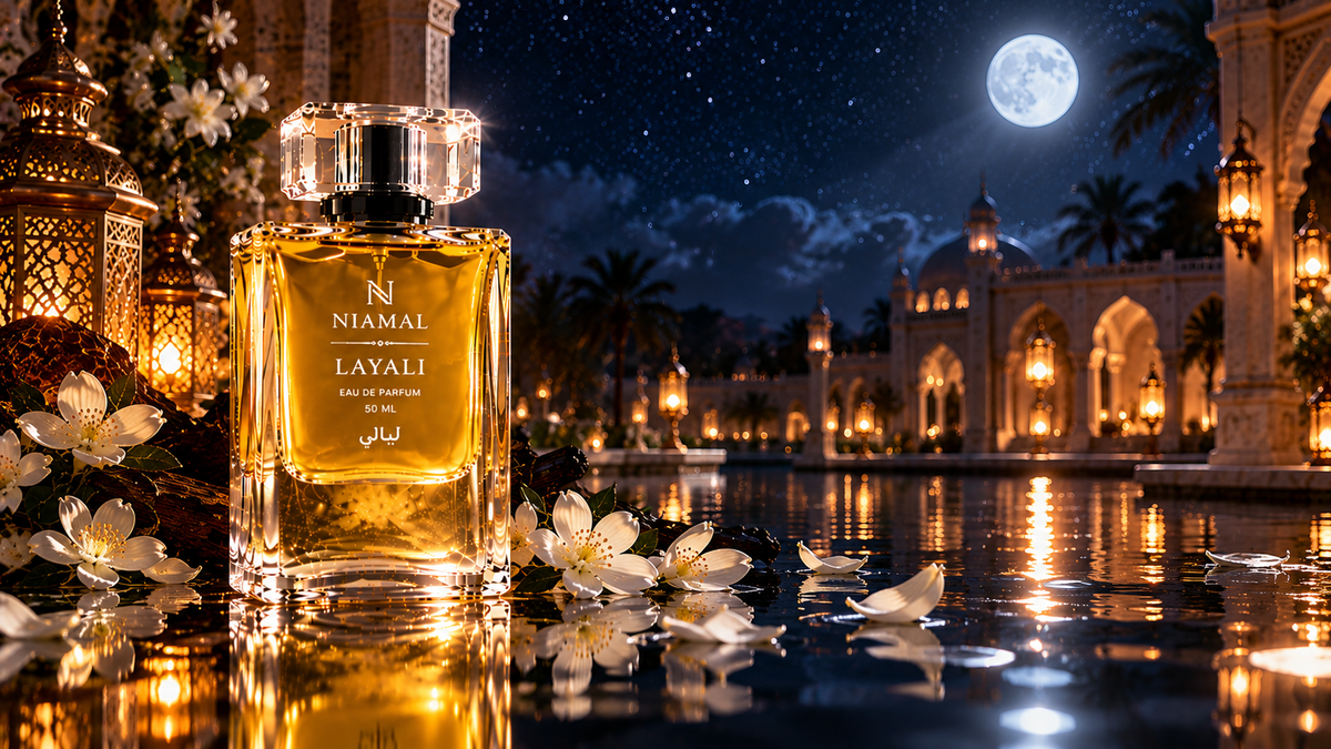 A clear rectangular perfume bottle filled with golden liquid stands on a reflective surface at night, surrounded by white flowers and lanterns, with a moonlit courtyard and domed architecture in the background. The bottle label reads NIAMAL LAAYALI.