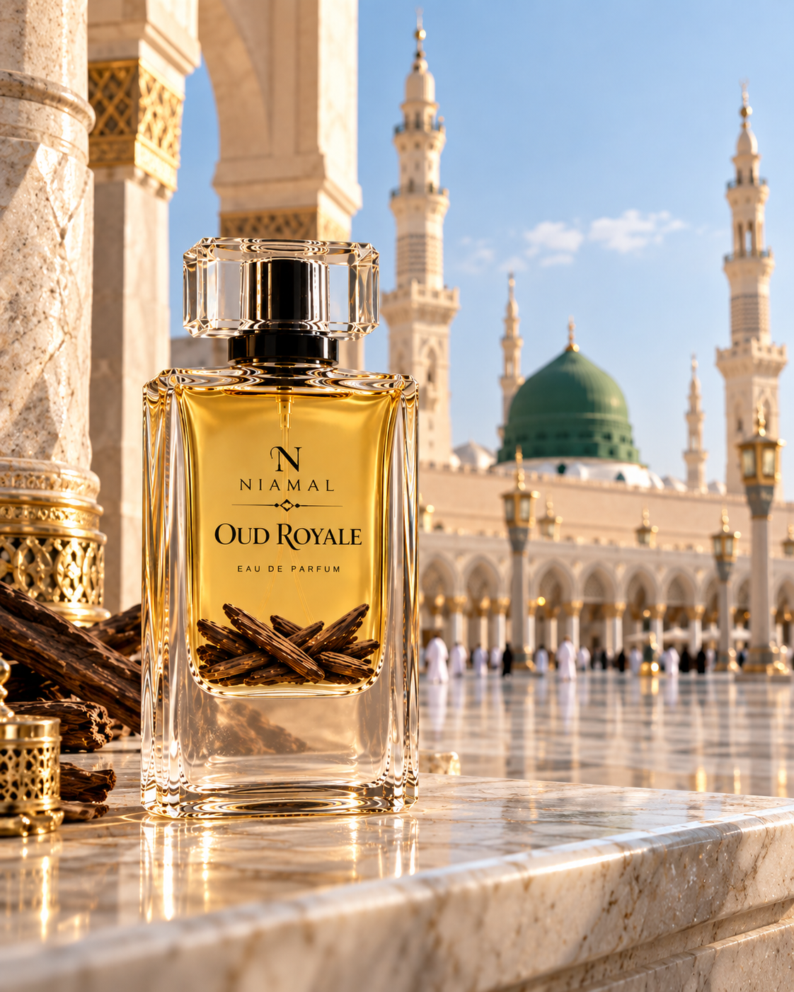 A clear glass perfume bottle labeled 'NIAMAL Oud Royale' with golden liquid and visible dried spices inside, placed on a marble surface with a blurred mosque courtyard and minarets in the background.