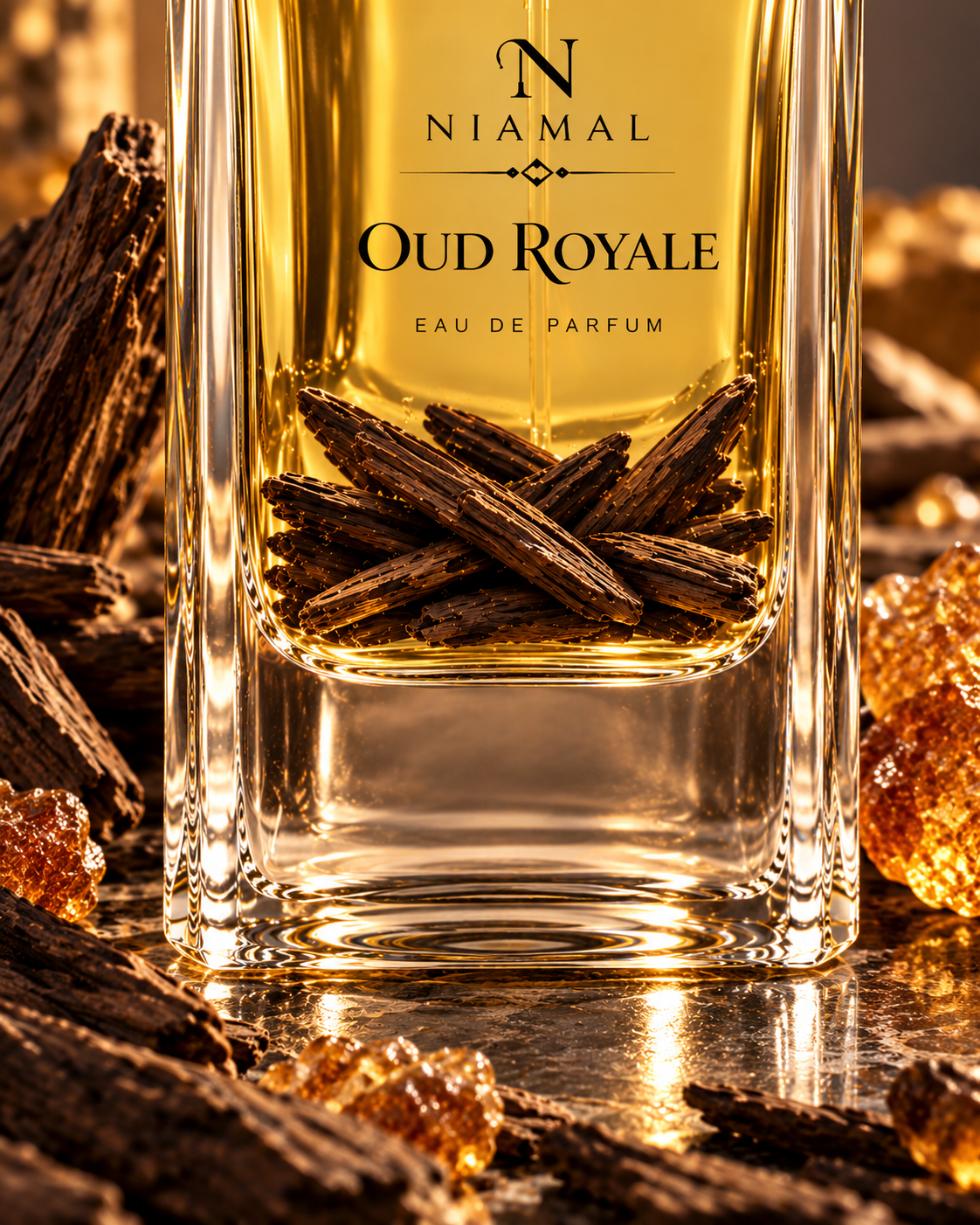 A clear glass perfume bottle labeled NIAMAL Oud Royale Eau de Parfum, filled with golden amber liquid and dark brown vanilla pods, surrounded by rich wood and amber crystals on a reflective surface.