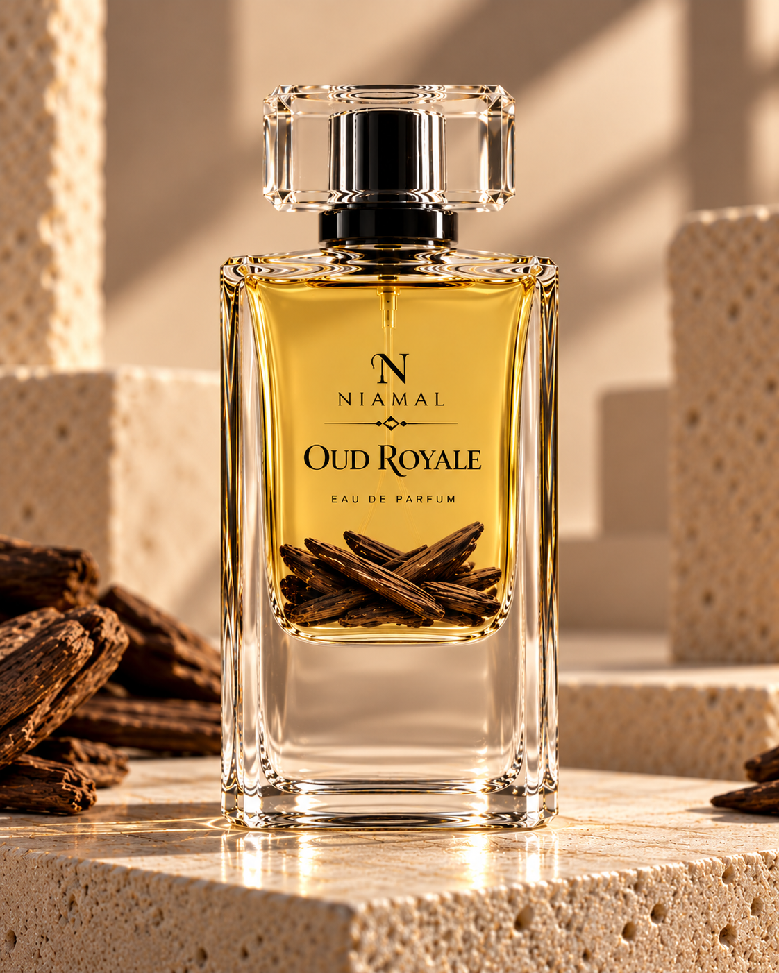 A clear glass perfume bottle with a black cap and a warm golden liquid, labeled 'NIAMAL OUD ROYALE EAU DE PARFUM', set on a textured stone surface with dried oud roots around it.