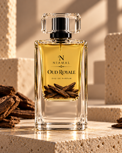 A clear glass perfume bottle with a black cap and a warm golden liquid, labeled 'NIAMAL OUD ROYALE EAU DE PARFUM', set on a textured stone surface with dried oud roots around it.